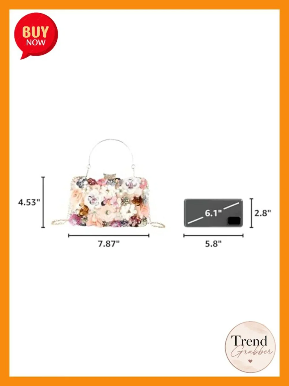 Flower Embellished Evening Clutch with Detachable Chain Strap
